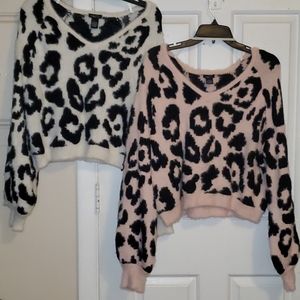 2 Pink and White Leopard Print Fuzzy Tops